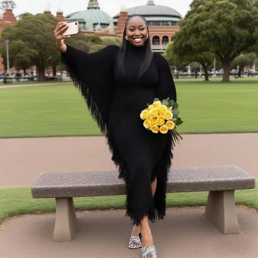 Crochet Fringe Solid Color Round Neck Bat Sleeve Long Knit Dress 10