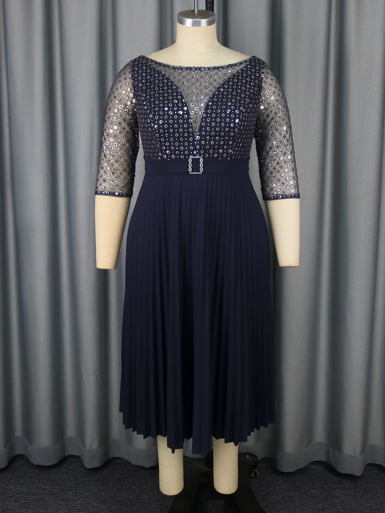 Mesh Patchwork Sequins Round-Neck Pleated A-Line Dress 4