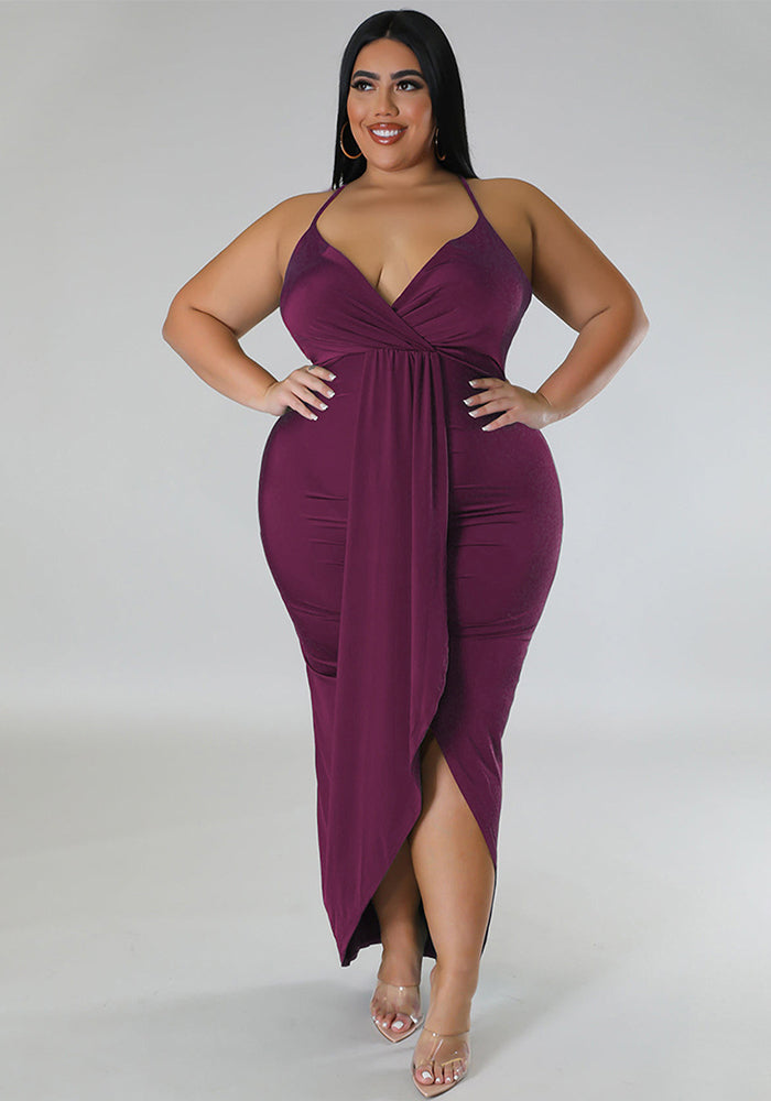 Women's Plus Size Solid Strap Sleeveless V-Neck Long Dress