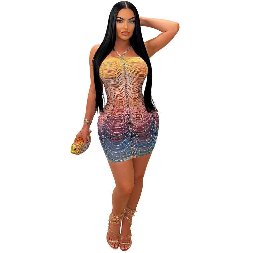 Sexy Straps Beaded Bodycon Slim Women Fashion Casual Party Dress 9