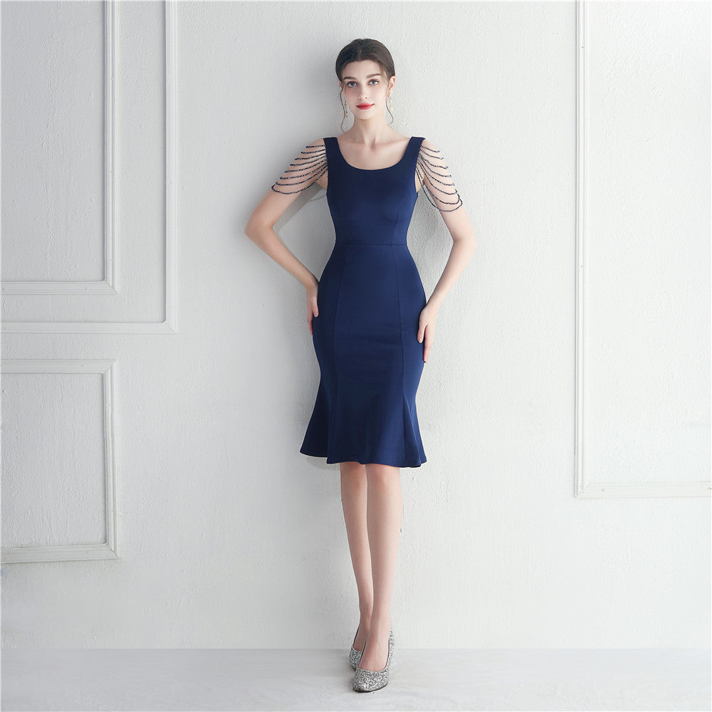 Short beaded bridesmaid exhibition etiquette short dress