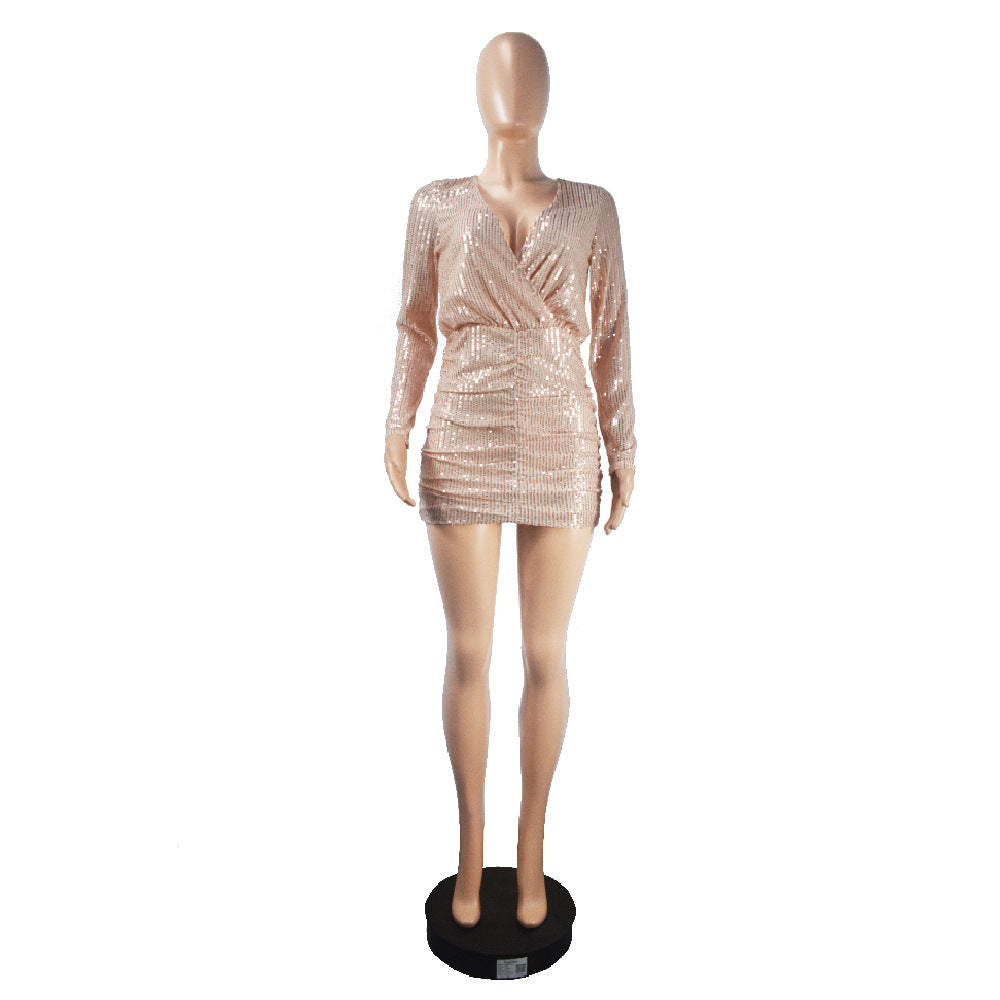 Women Sexy Sequin Long Sleeve Deep V Mini Bodycon Dress 10