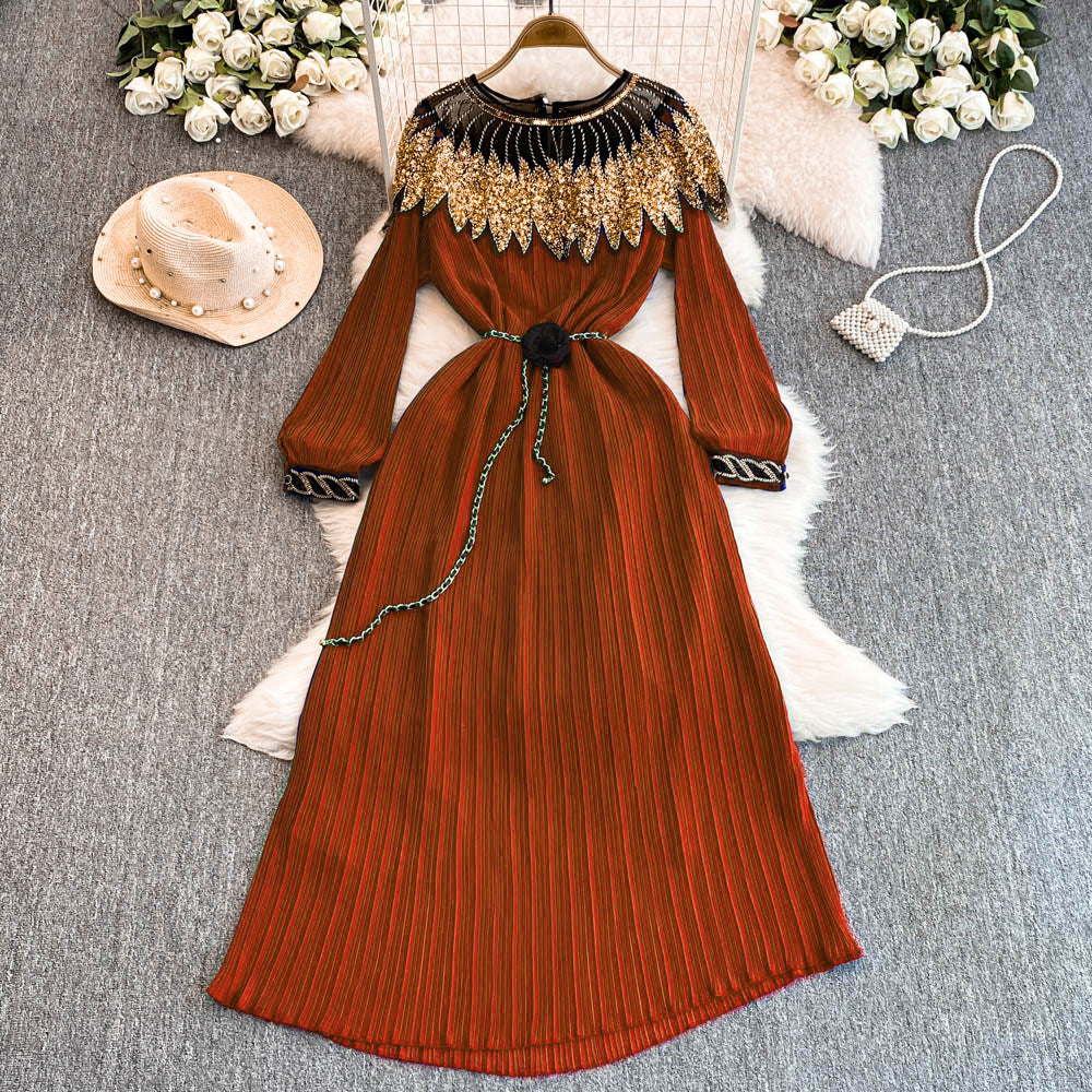 Luxury Sequin Cape Patch Slim Waist Pleated Loose Long Dress 18