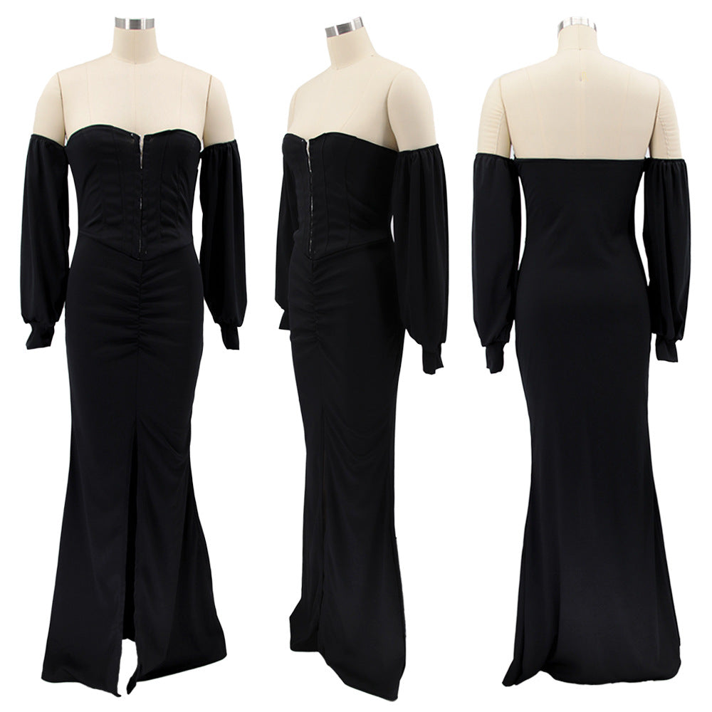 Women Solid Corset Sexy Long Sleeve Slit Party Dress 10