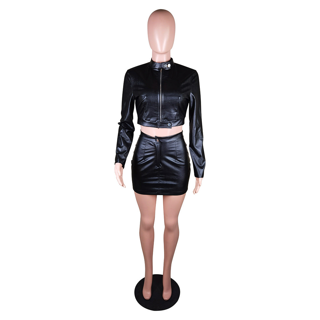 Women Casual pu Leather Zipper Top and Skirt Two-Piece Set 6