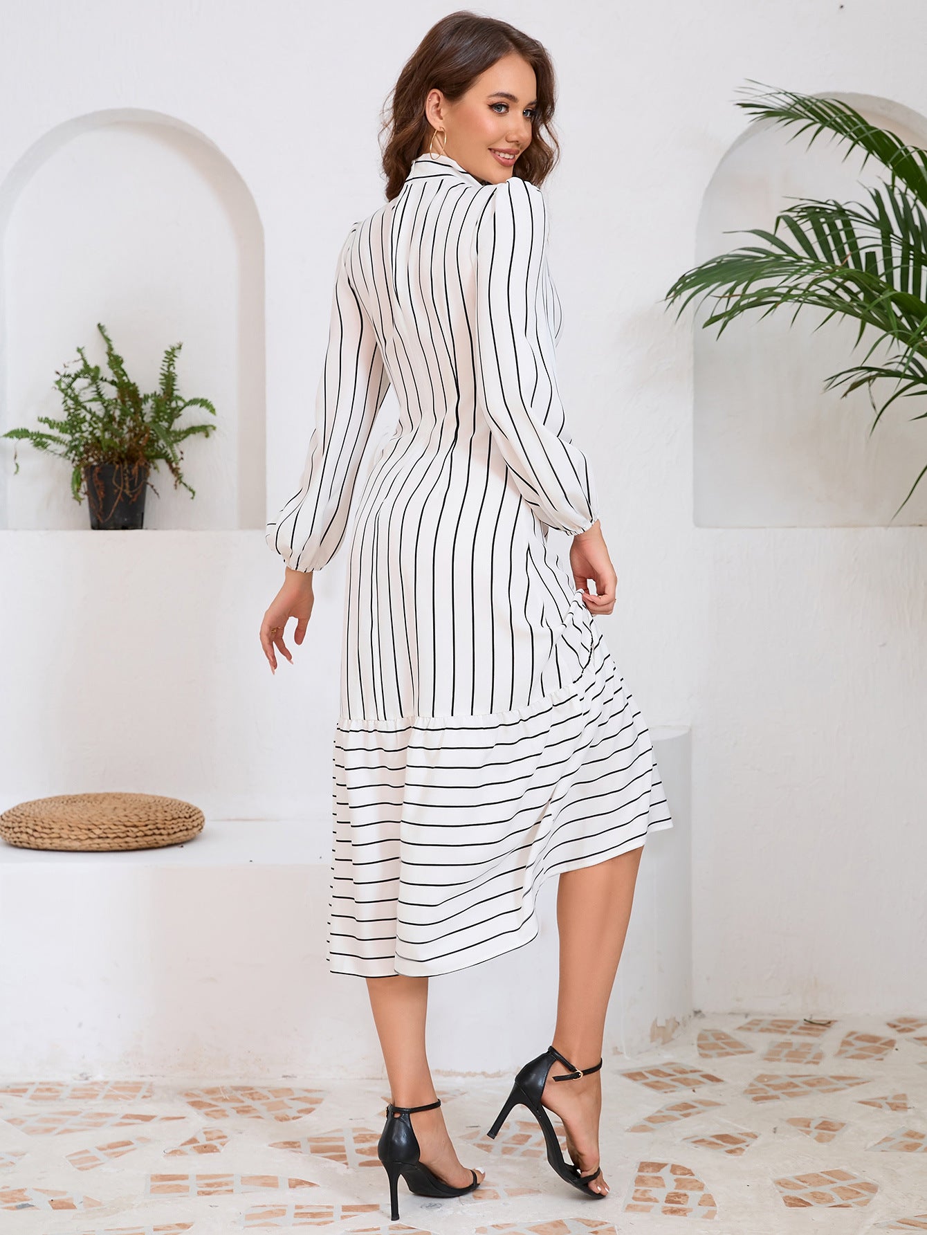 Women's fashion Stand Collar striped professional dress 7