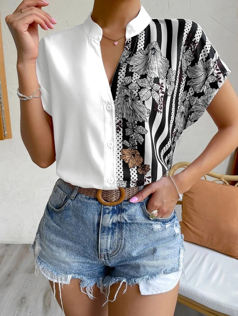 Women Contrast Floral Button Short Sleeve Shirt 3