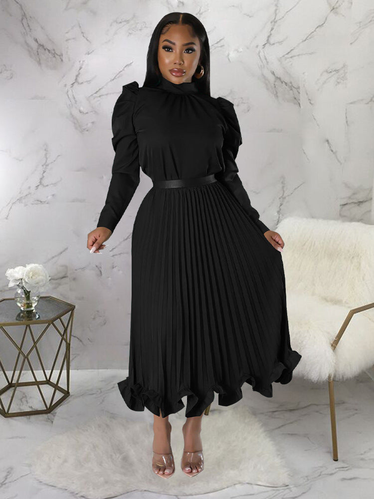 Women's Winter Puff Sleeve Top Ruffled Pleated Skirt Two-Piece Suit 9