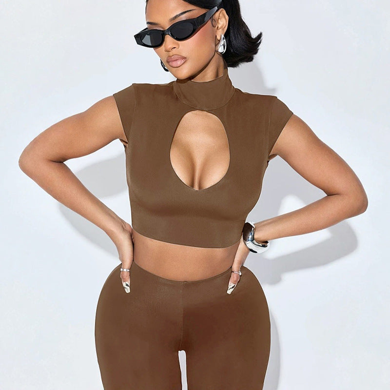 Women's Semi-High Round Neck Front Cut-Out Short Sleeve Crop Top Tight Fitting Cropped Pants Set 13