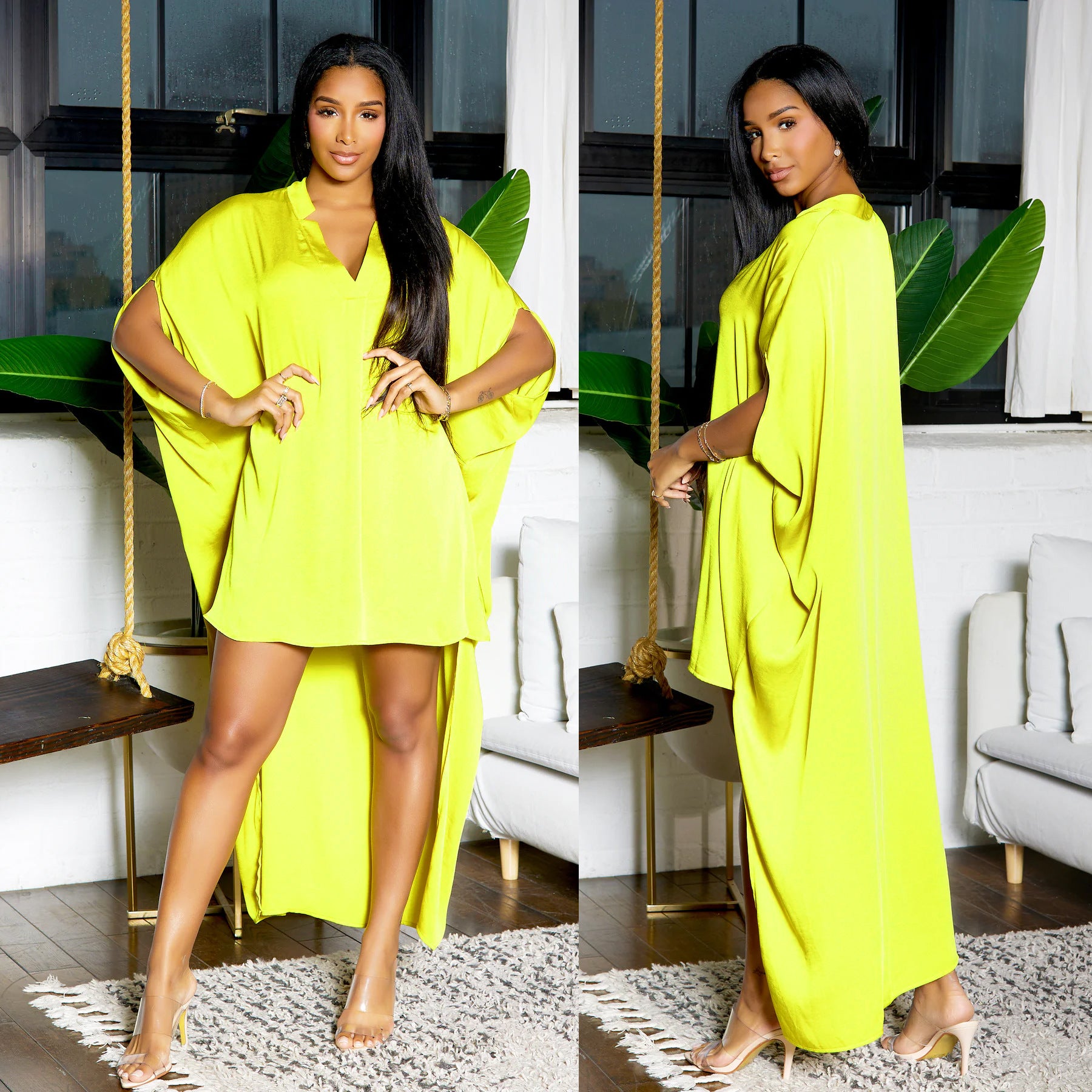 Women's Bat Sleeve V-Neck Fashion Irregular Loose Satin Dress 8