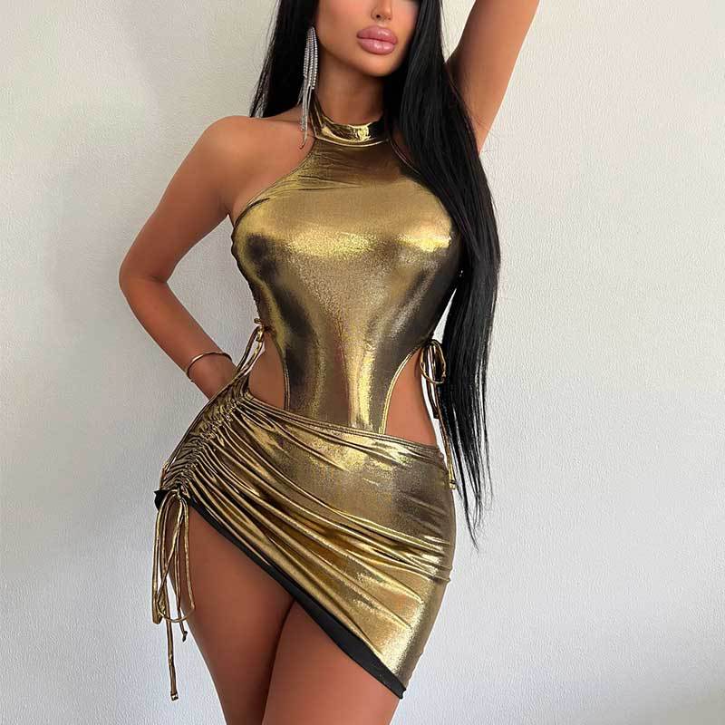 Women's Summer Glossy Sexy One Piece Bodysuit High Waist Drawstring Bodycon Skirt Two Piece Set 6