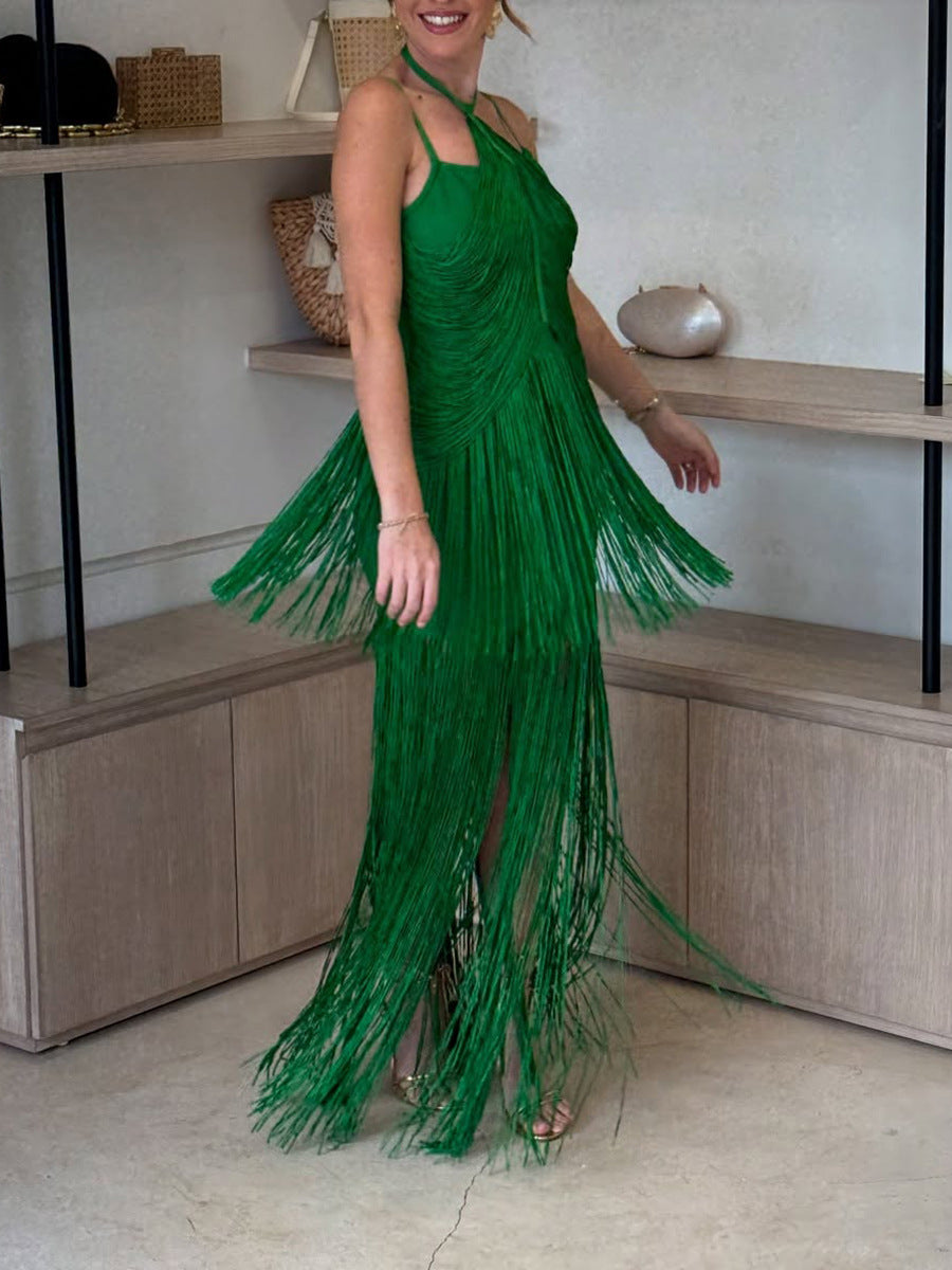 Women Halter Neck Sleeveless Sling Tassel Dress 4