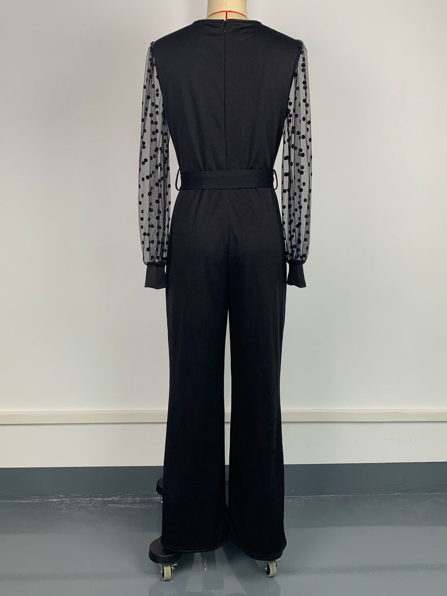 Fashion V-Neck Lace Long-Sleeved  Belt Straight Leg Jumpsuit Elegant Women's Clothing 10