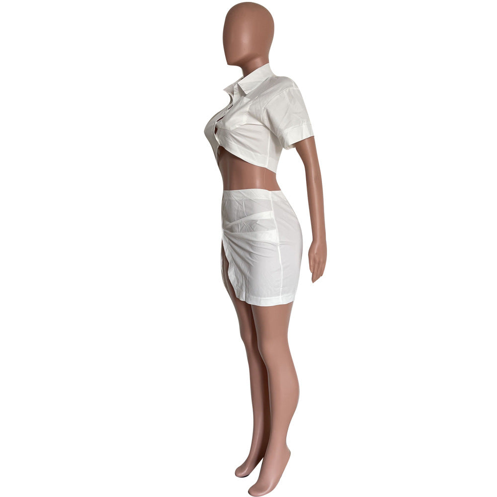 Women's fashion sexy solid color button Crop Shirt split skirt two-piece set 23