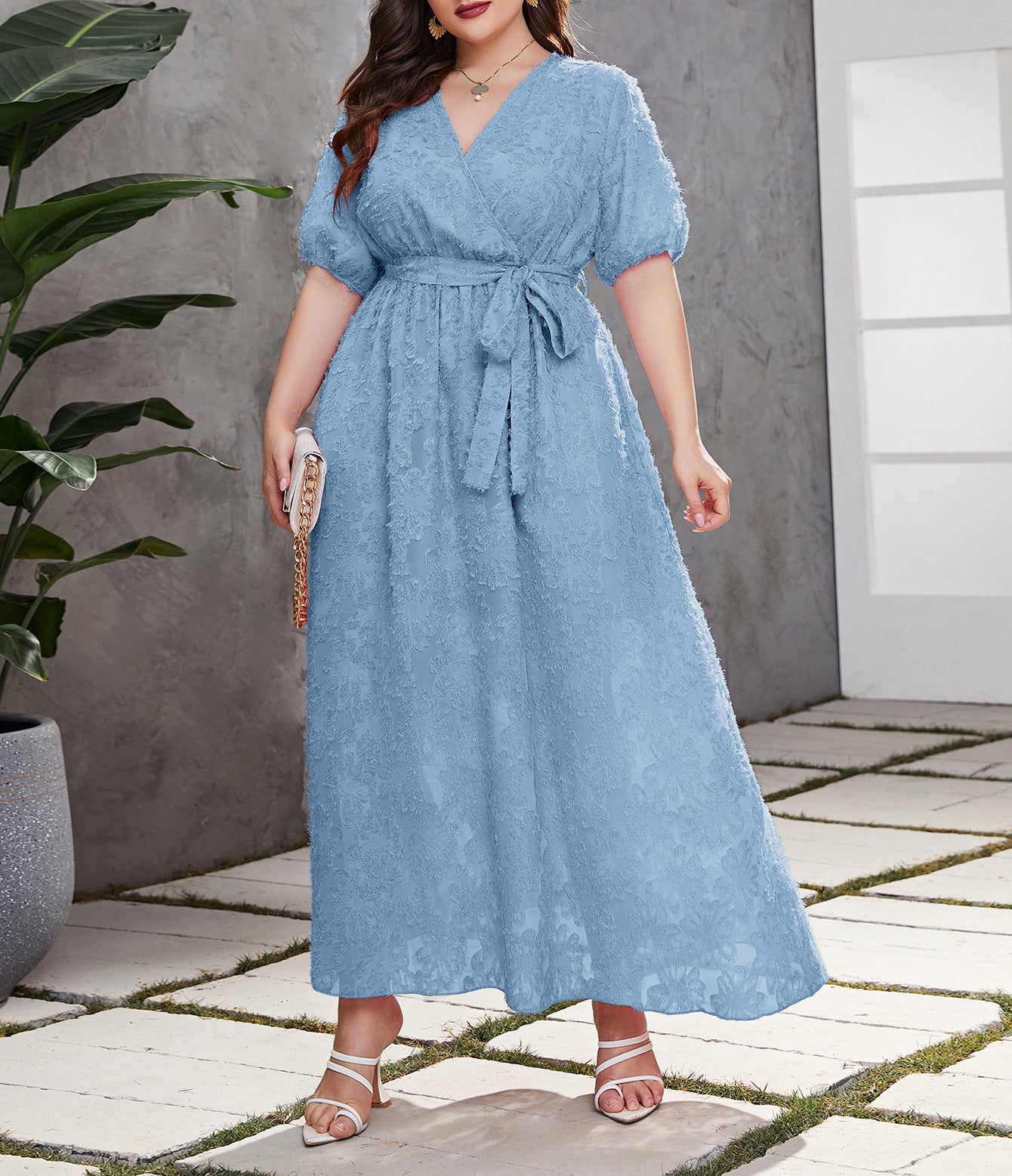 Plus Size Women's Elegant Wrap V-Neck Lace Chic Slim Waist Long Dress