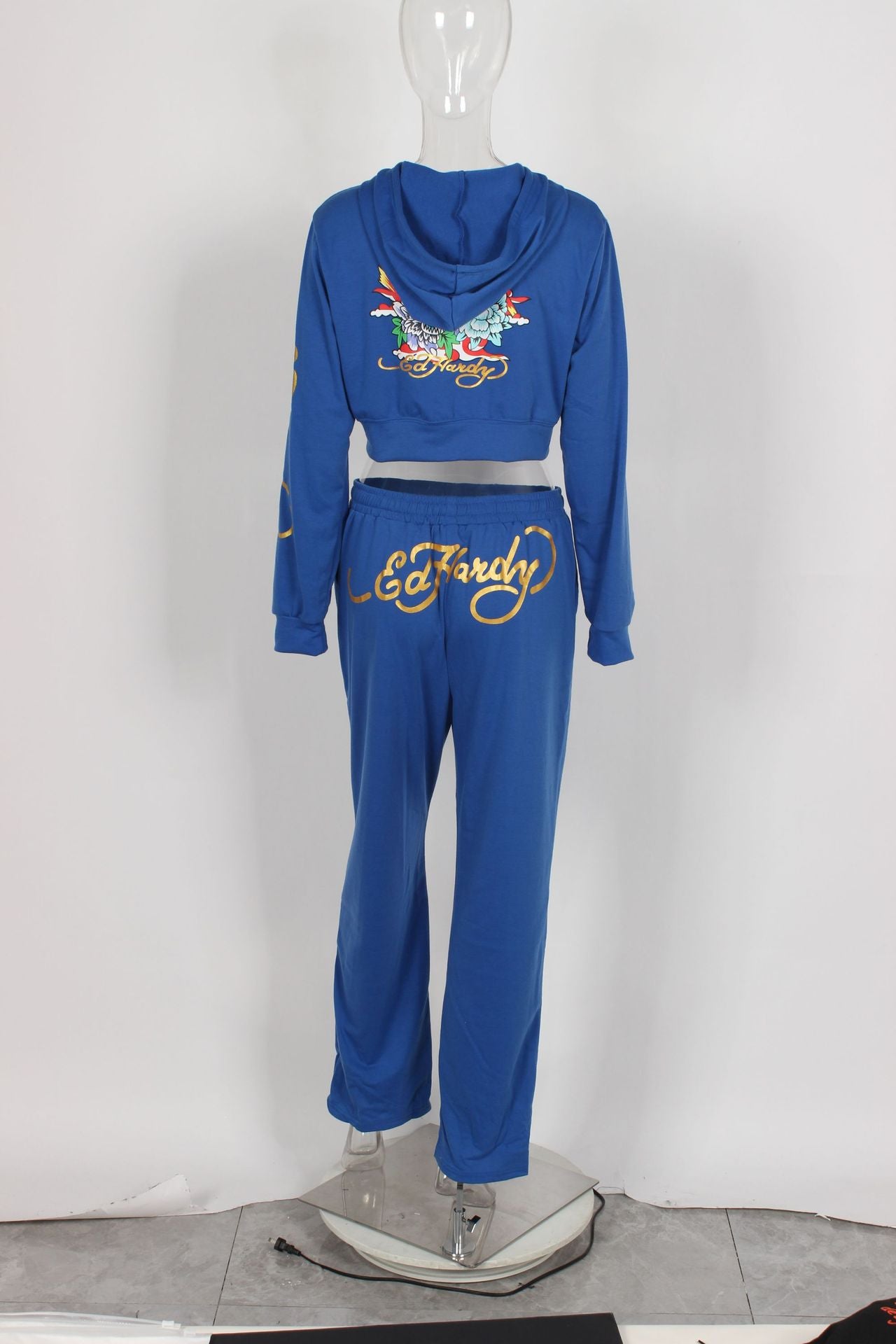 Fashionable street printed zipper short hoodies high waist straight trousers two piece set 26