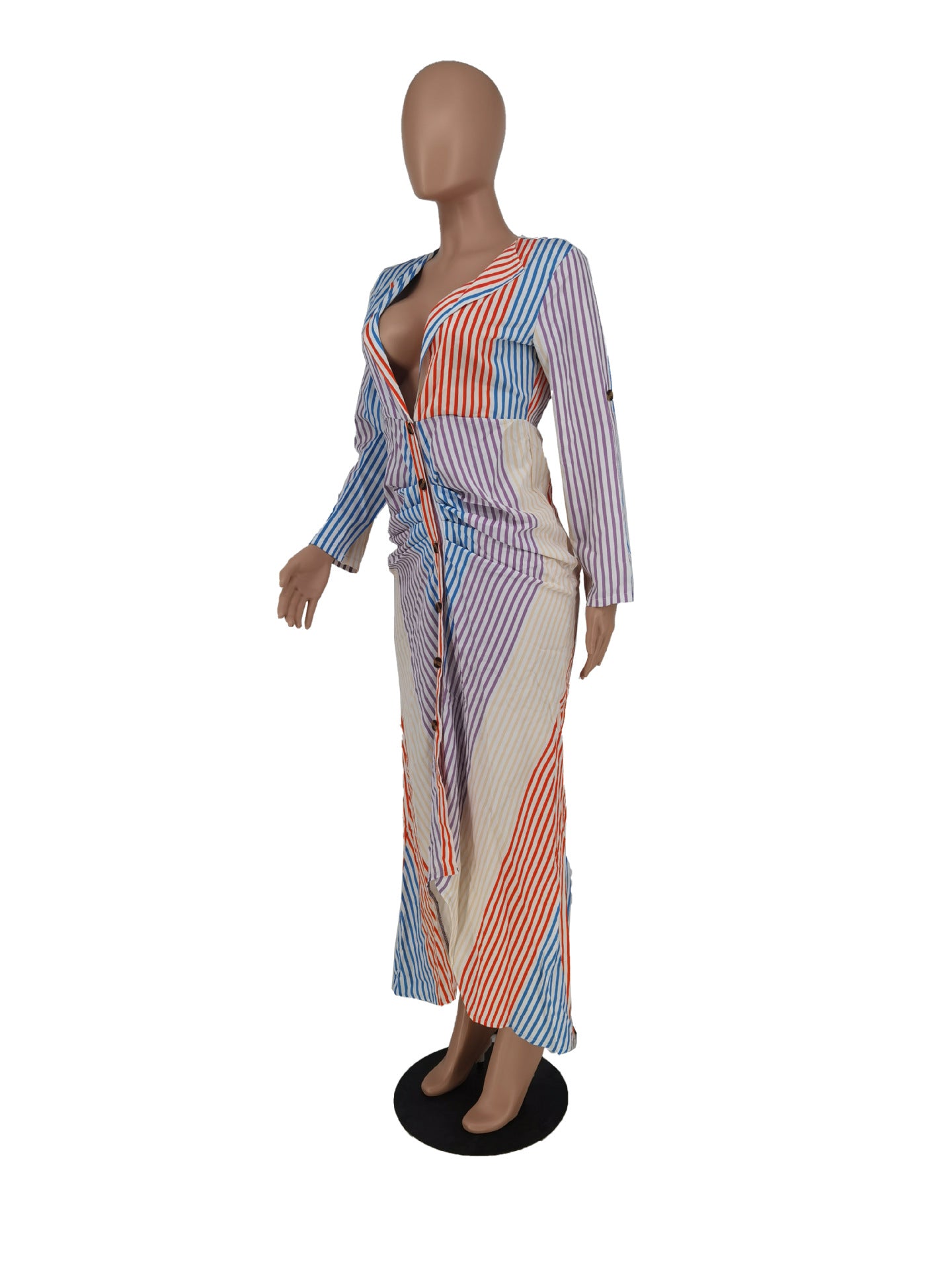 Women Striped Color blocking Long Sleeve Shirt Dress 6