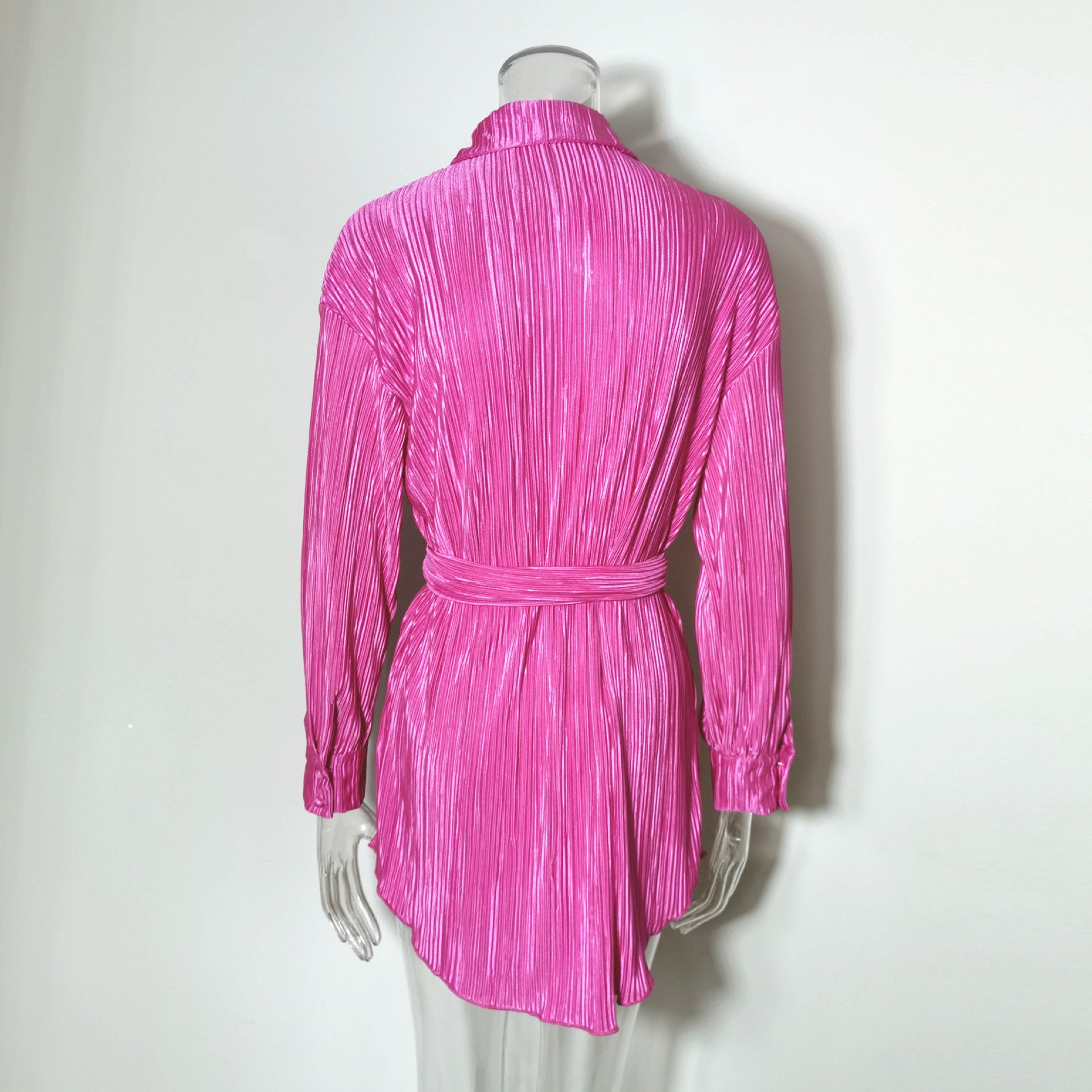Women Pleated Long Sleeve Belted Shirt Dress 28
