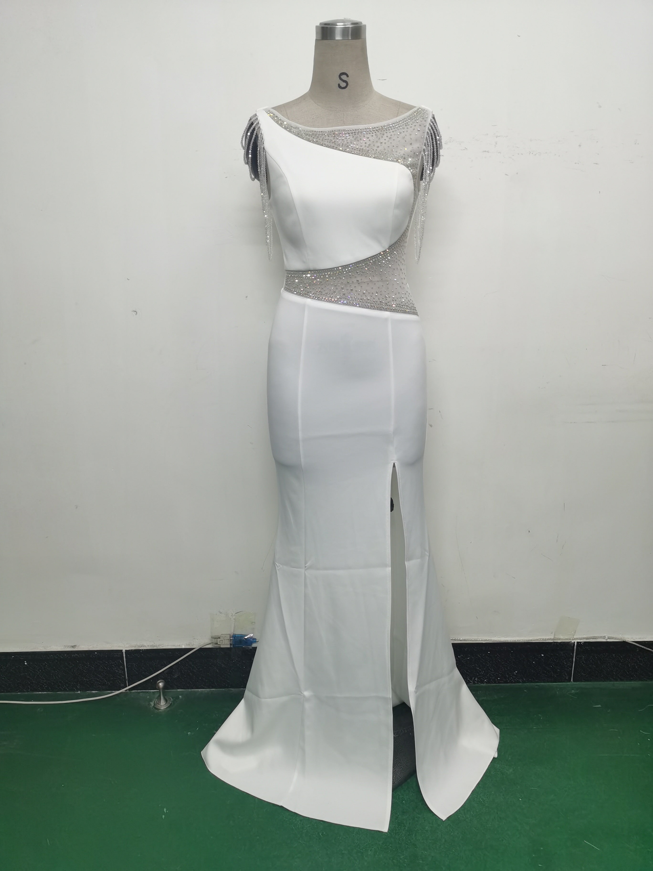 Women Beaded See-Through Mesh Split Evening Dress 28