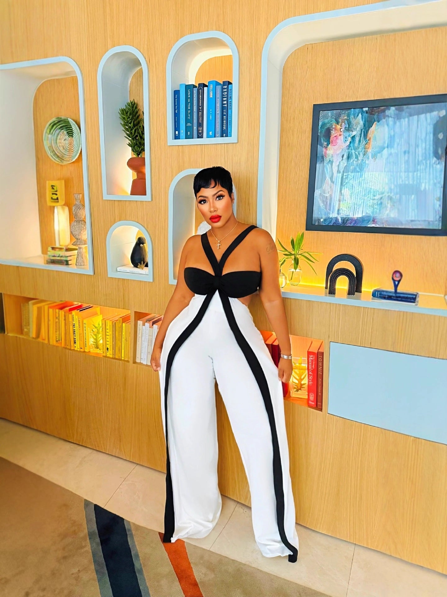 Women's Fashion Color-Block Low-Cut V-Neck Sexy Wide-Leg Jumpsuit 5