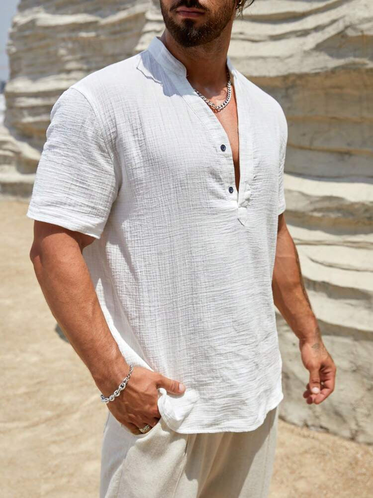 Men's Solid Stand Collar Short-Sleeve Fashion Shirt 24