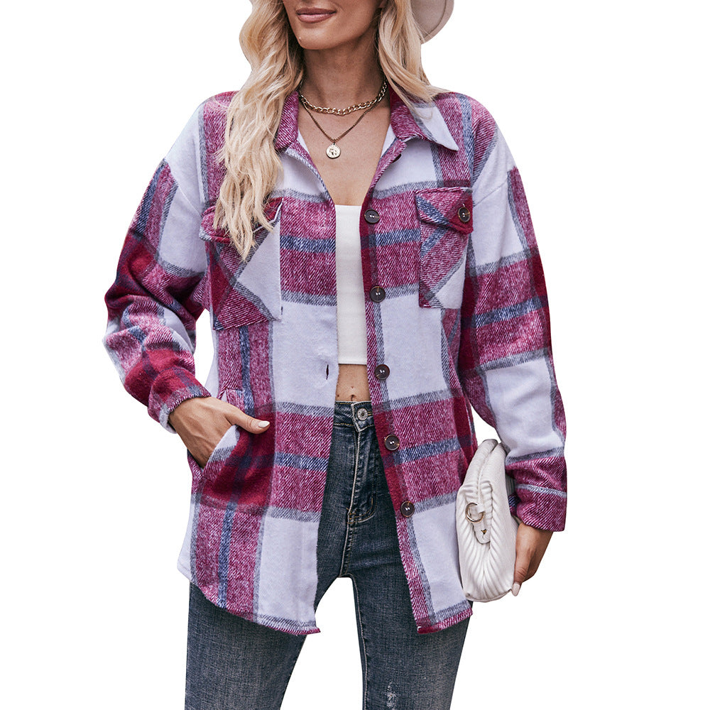 Women Casual Plaid Loose Pocket Shirt Jacket 4