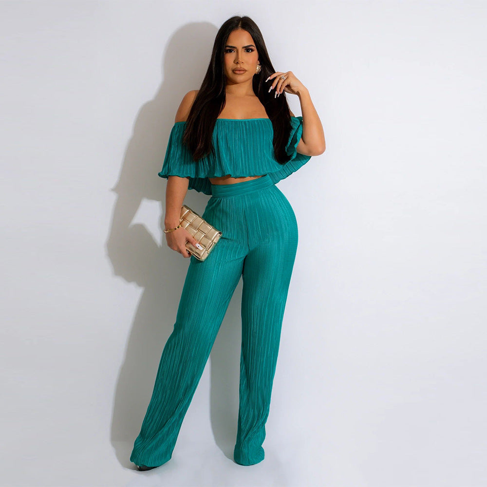 Women's Pleated Ruffle Off Shoulder crop top Wide Leg Pants two piece Set