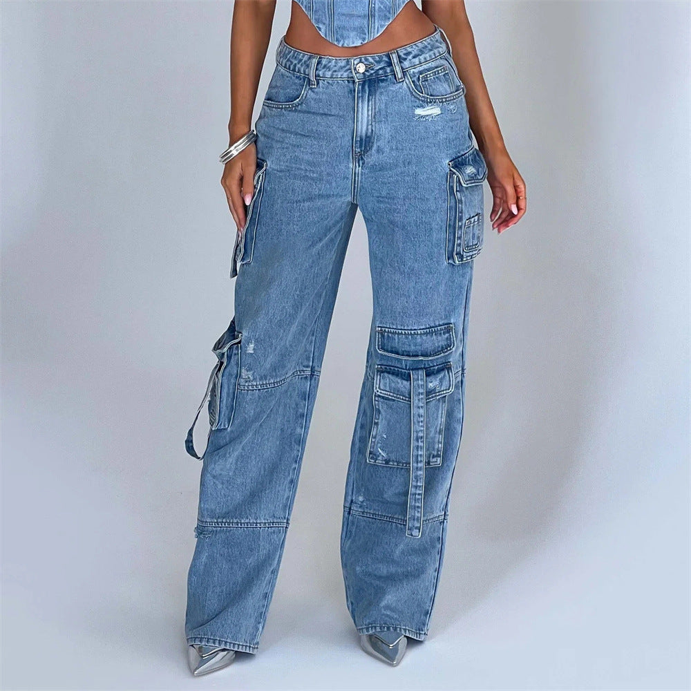 Women American Low Rise Pocket Patchwork Denim Pants 3