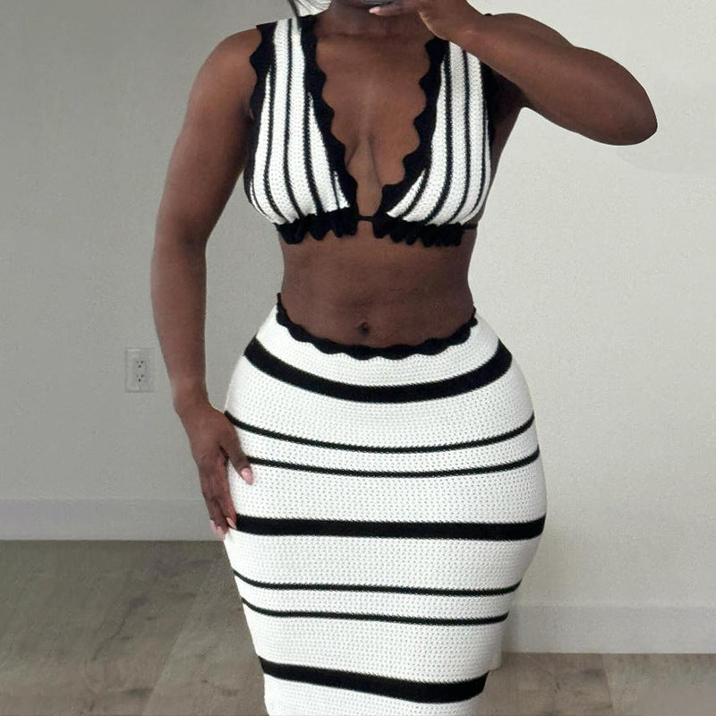 Summer Lace-Up Deep V Low Back Tops High Waist Slim Striped Skirt Two Piece Set 4