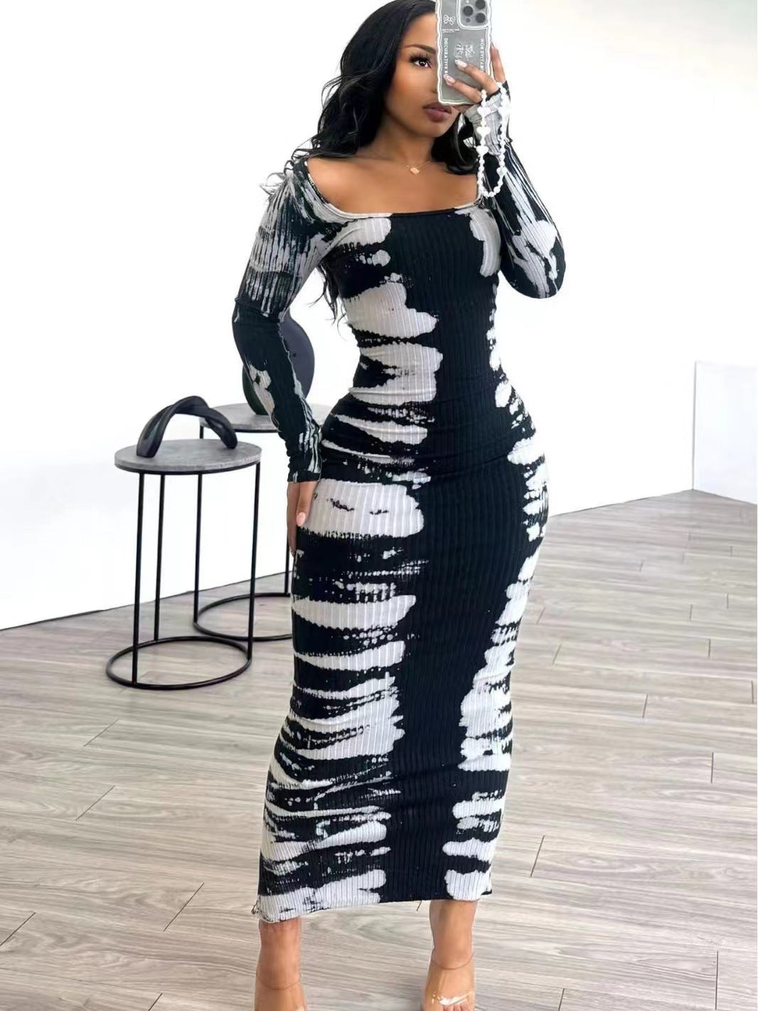 Women Printed Long Sleeve Square Neck Sexy Bodycon Dress 8