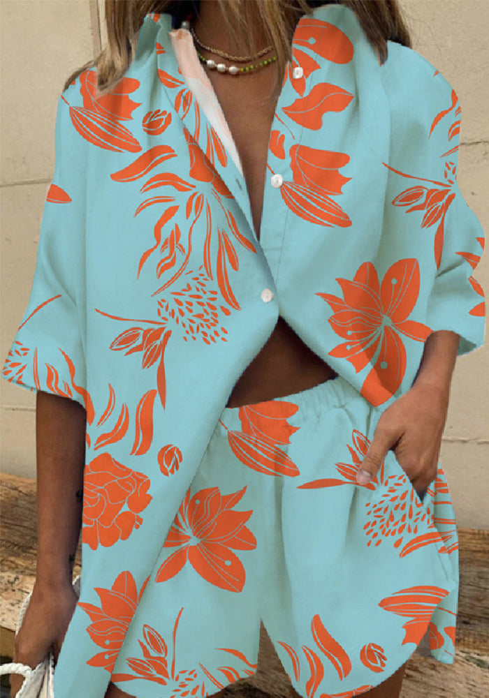 Women's Printed Turndown Collar Short Sleeve Shirt Wide Leg Elastic Waist Shorts Two-Piece Set