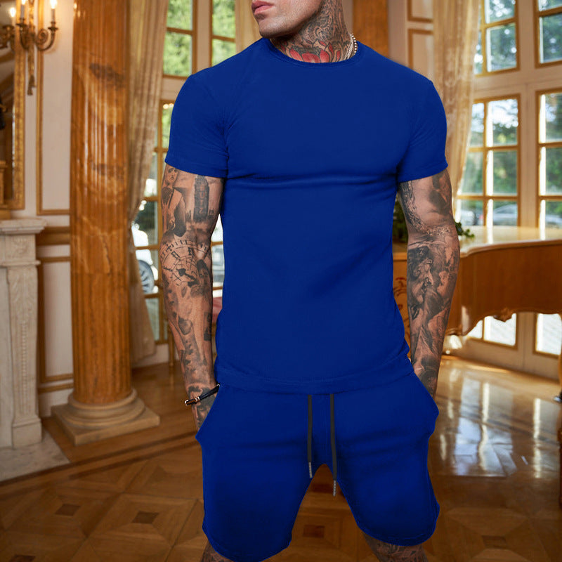 Summer Men'S Solid Color Short-Sleeved T-Shirt Shorts Sports Two Piece Suit 8