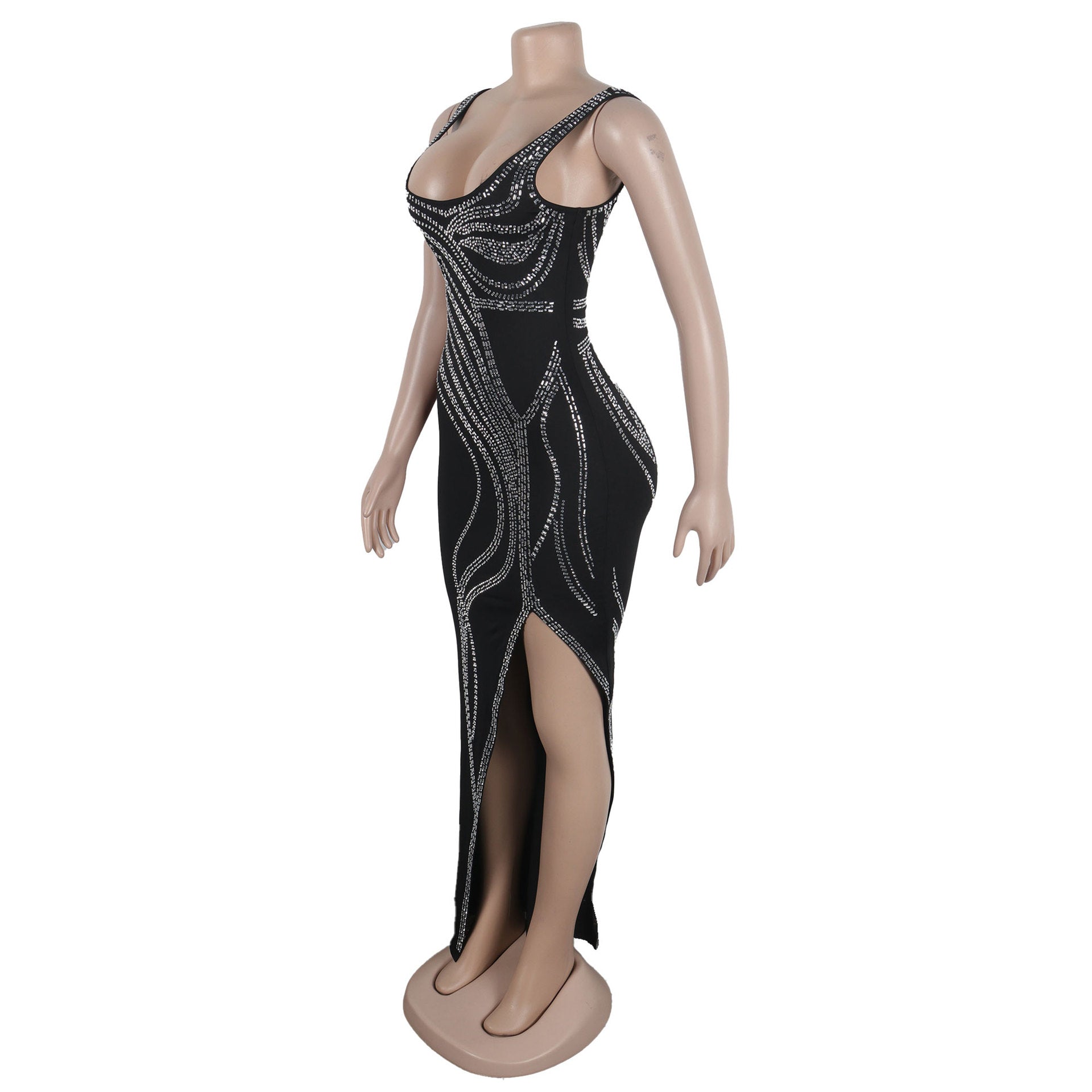 Women Sexy Beaded Sleeveless Bodycon Slit Dress 15