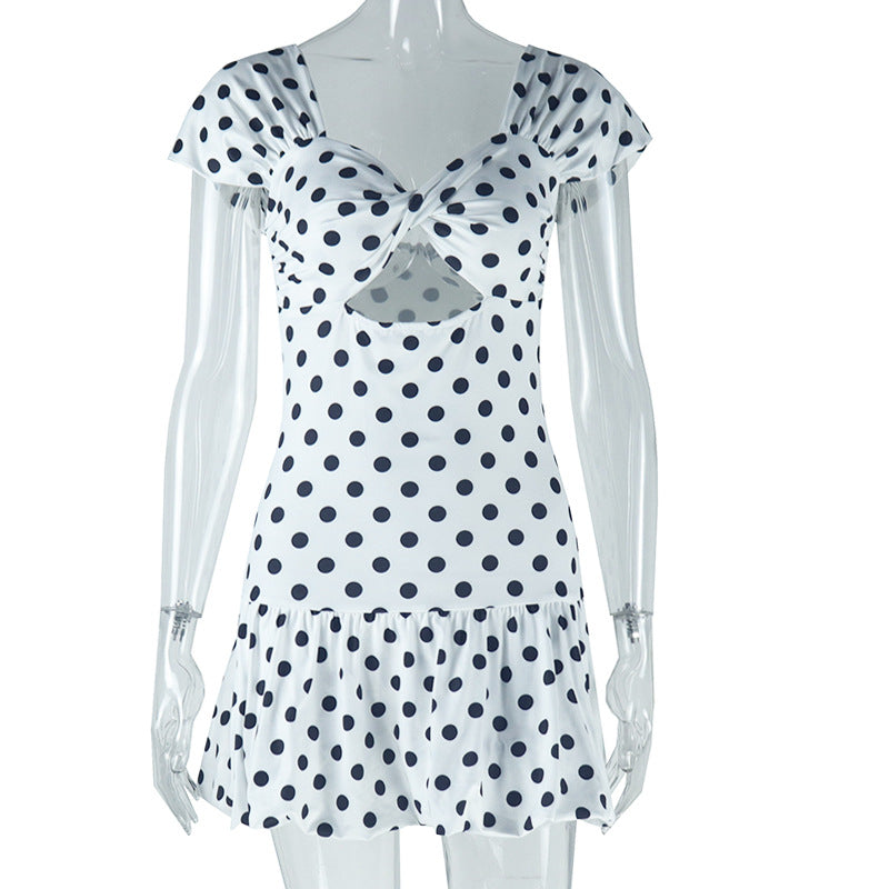 Women's fashion polka dot print sexy hollow off-shoulder short-sleeved casual bubble dress 9
