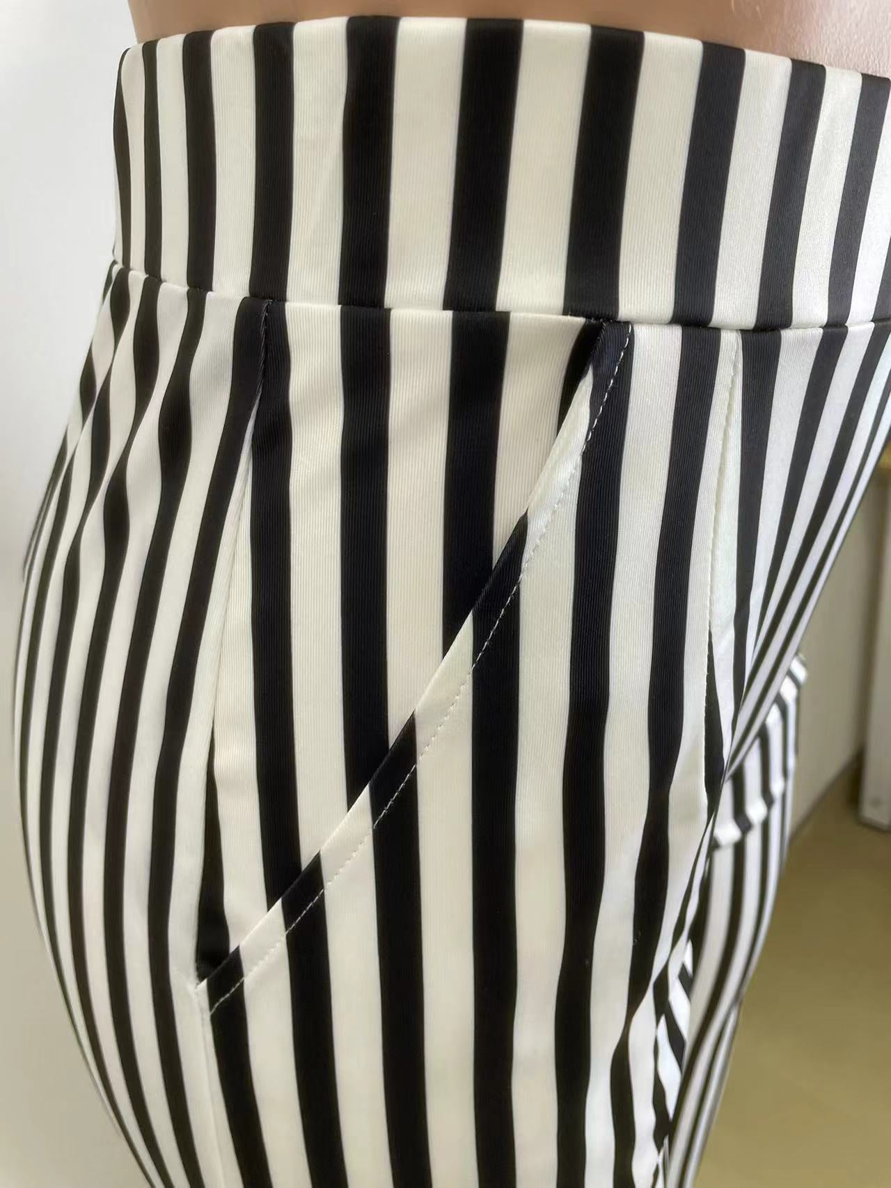 Women Black Stripe Print Straight Casual Wide Leg Pants 11