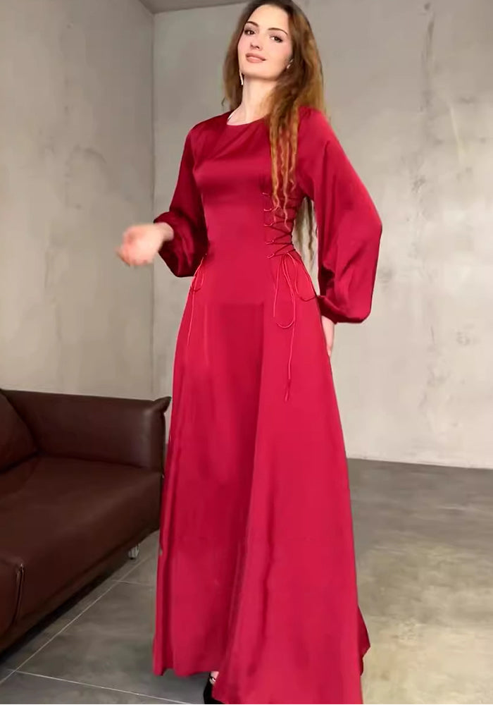 Women Spring Lace-up Puff Sleeve Dress