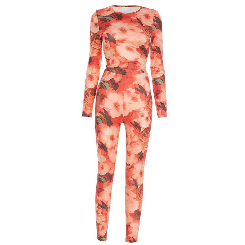 Women Fall/Winter Round Neck Floral Print Long-Sleeved Top and Pants Two-Piece Set 10
