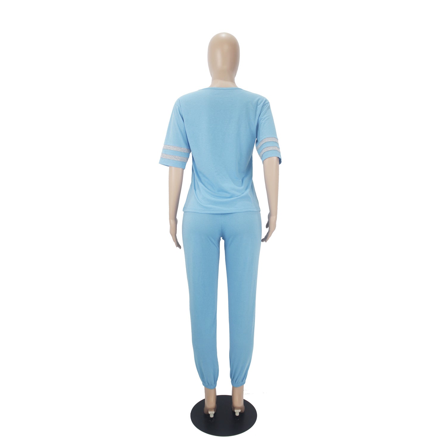 Women's Fashion Casual Solid Patchwork Short Sleeve Trousers Two Piece 10