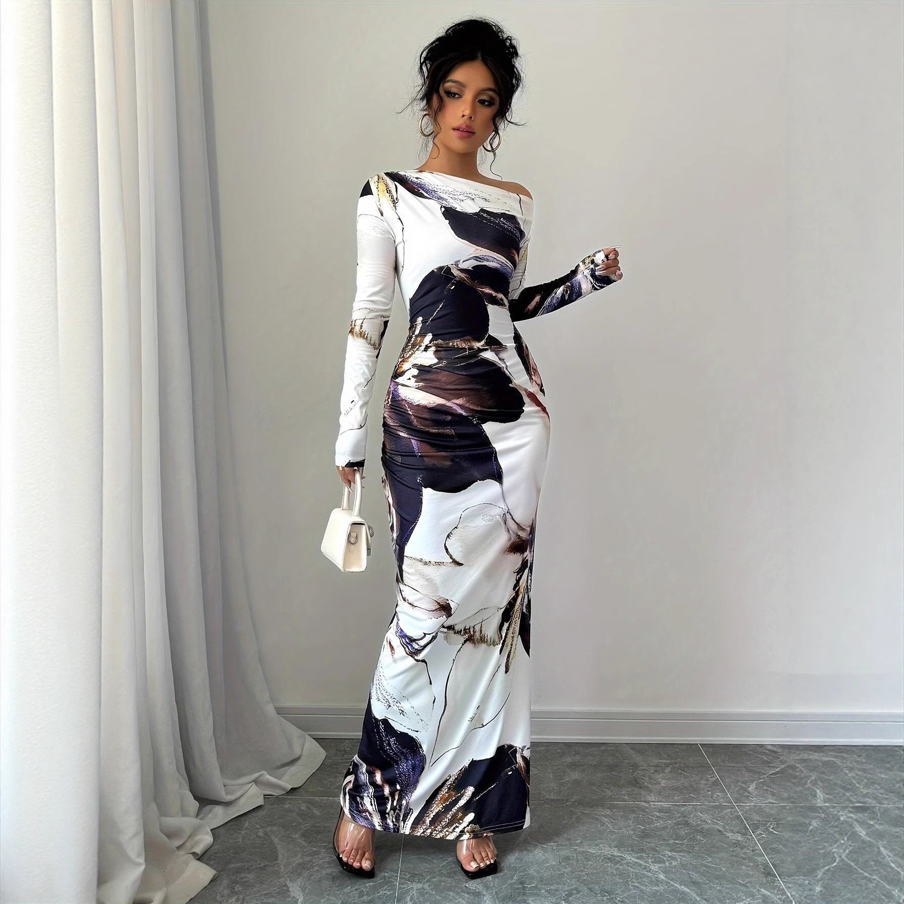 Spring Autumn Slash Shoulder Sexy Long Sleeve Slim Fit Long Dress 5