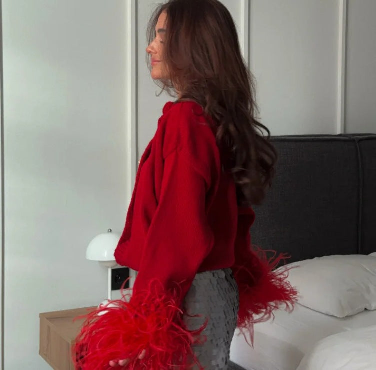 Women's Furry Patchwork Long Sleeve Button Knitting Cardigan 18