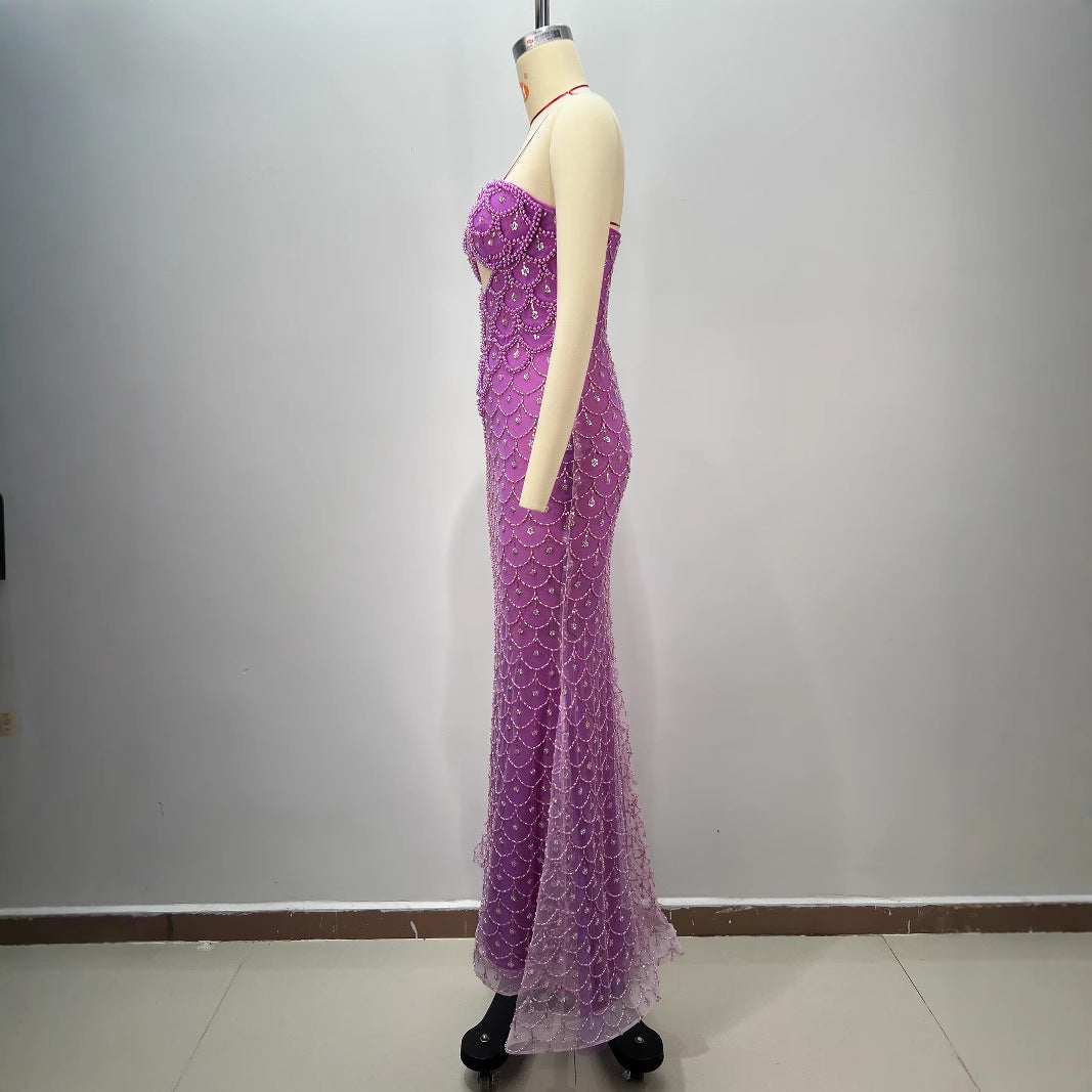 Women Backless Waisted Diamond Fishtail Shell Waist Sequined Evening Dress 4