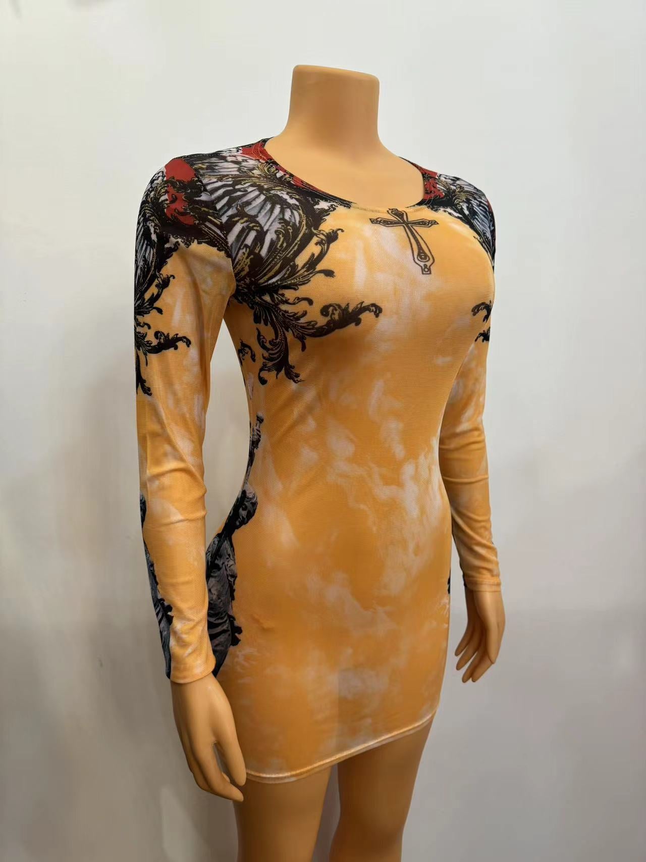 Women's Mesh Printing Round Neck Short Fashion Sexy Dress 7