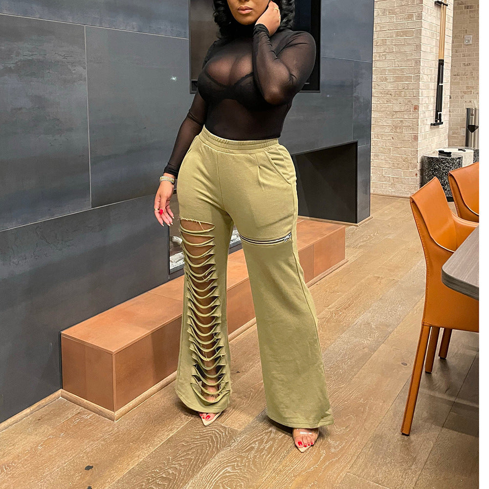 Women Fashion Style Summer Hollow Zipper Pocket Loose Casual Pants