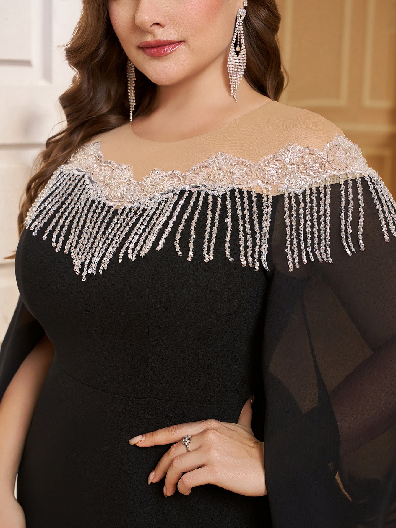 Women Round Neck Irregular Long Sleeve Light Luxury Beaded Bodycon Dinner Dress 6