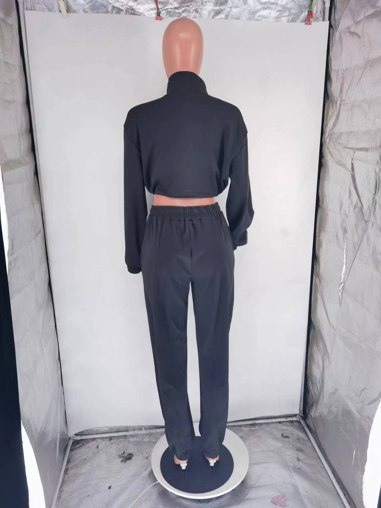 Women's Autumn And Winter Fashion Patchwork High Collar Open Waist Two-Piece Pants Set 5