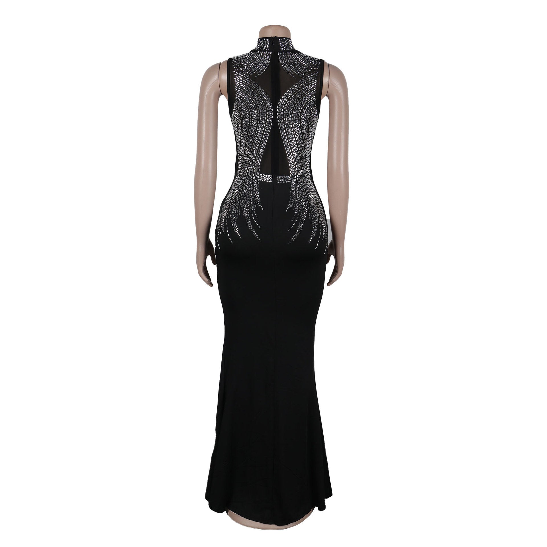 Women's Fashion Solid Color Beaded Mesh Hollow Slit Dress 7