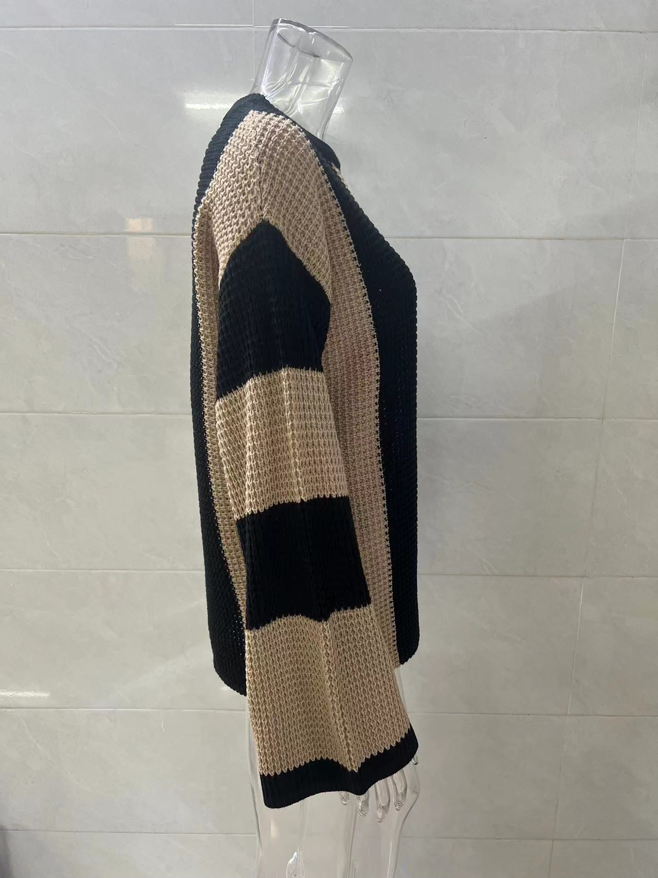 Spring And Autumn Trendy Knitting Sweater Top Round Neck Striped Sweater Jacket For Women 11