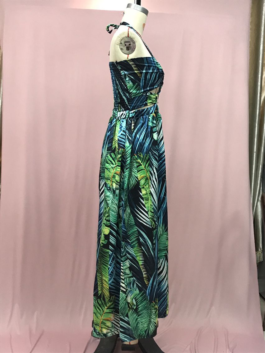 Women's Fashionable Sexy Halter Lace-Up Print Long Dress 6