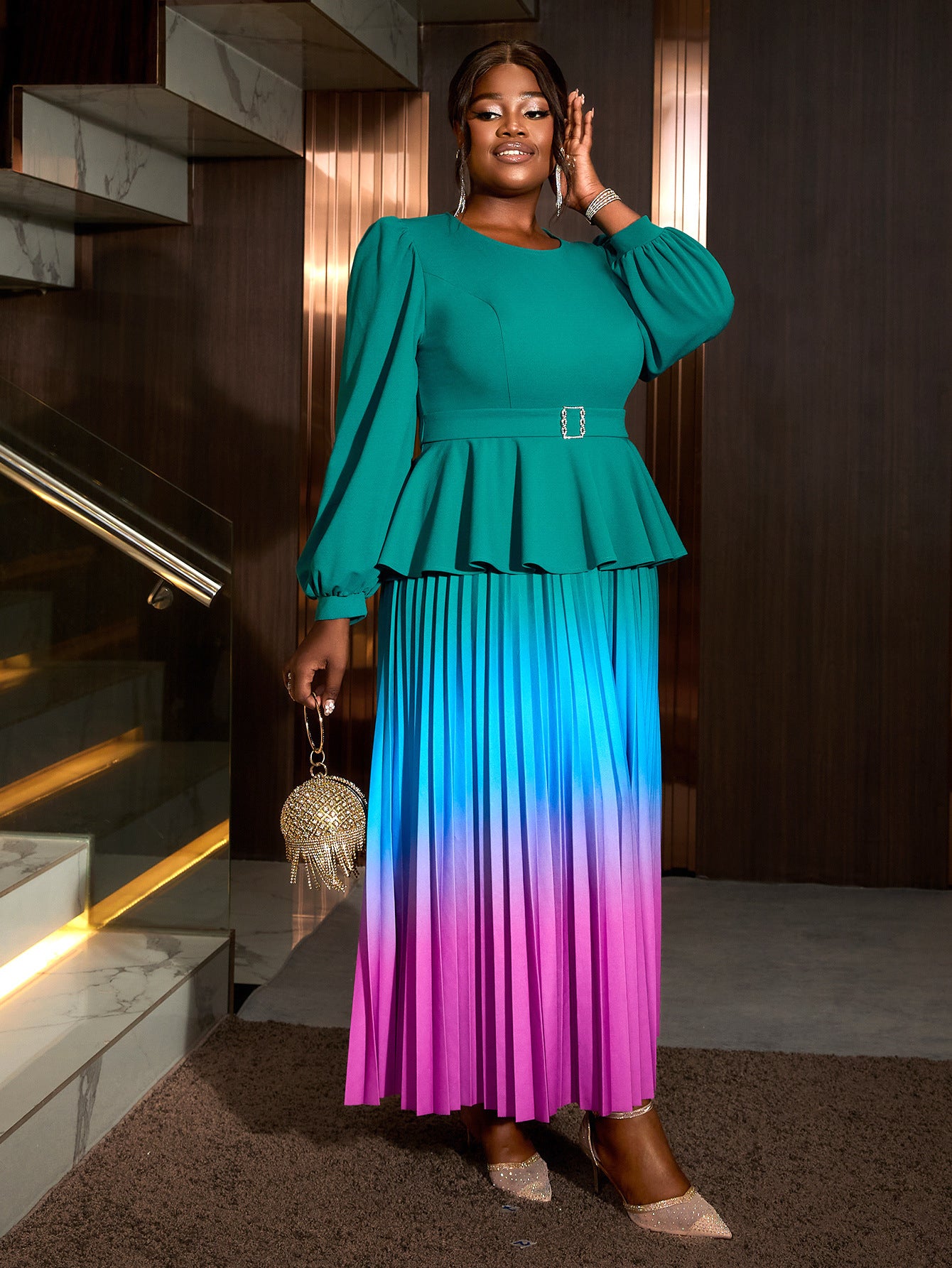 Women gradient lantern sleeve party pleated dress 5