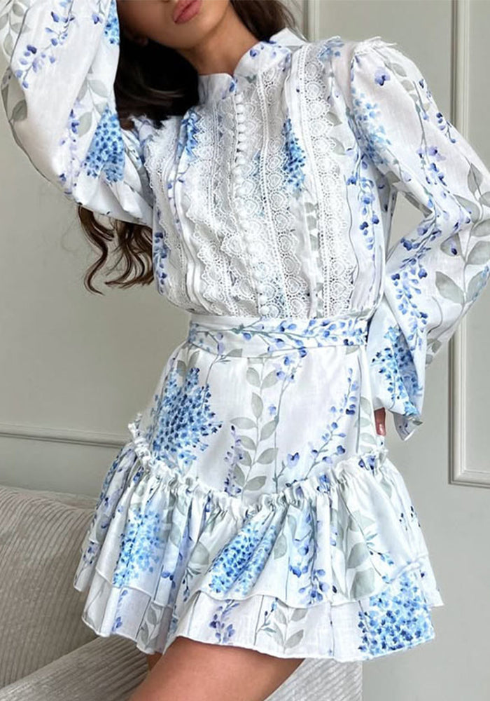Women summer blue and white printed stand-collar puff sleeve long-sleeved ruffle dress